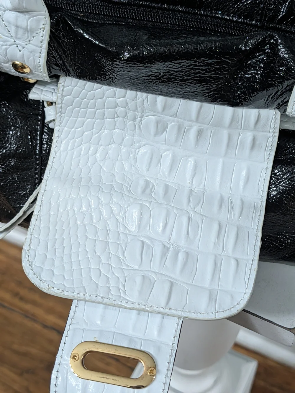 NWOT Sharif Studio Black Patent White Croc Leather Shoulder Bag + Accessory